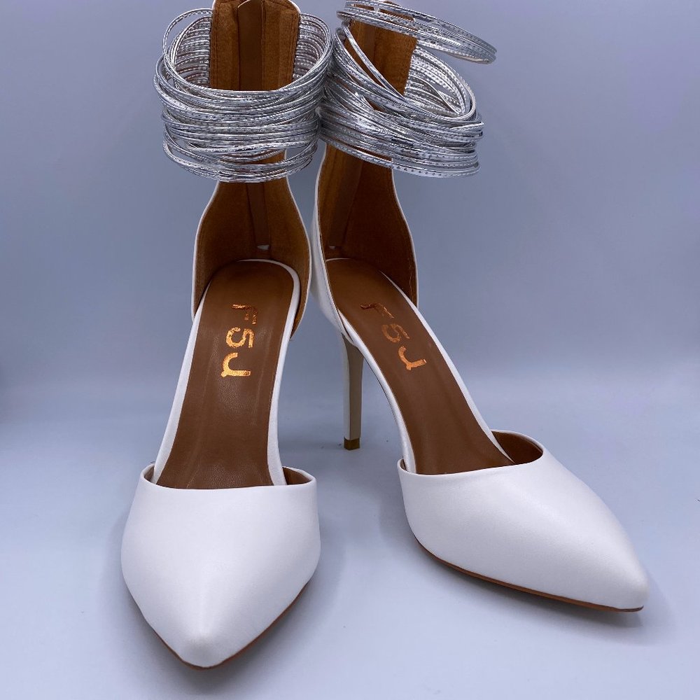 FSJ White Pointy Toe Stilettos Heels Ankle Strap